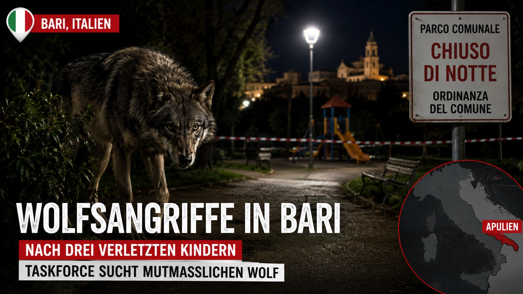 Wolfsangriffe in Bari: Wolf vor einem gesperrten Park in Noicattaro, während Carabinieri und Taskforce nach dem Tier suchen.