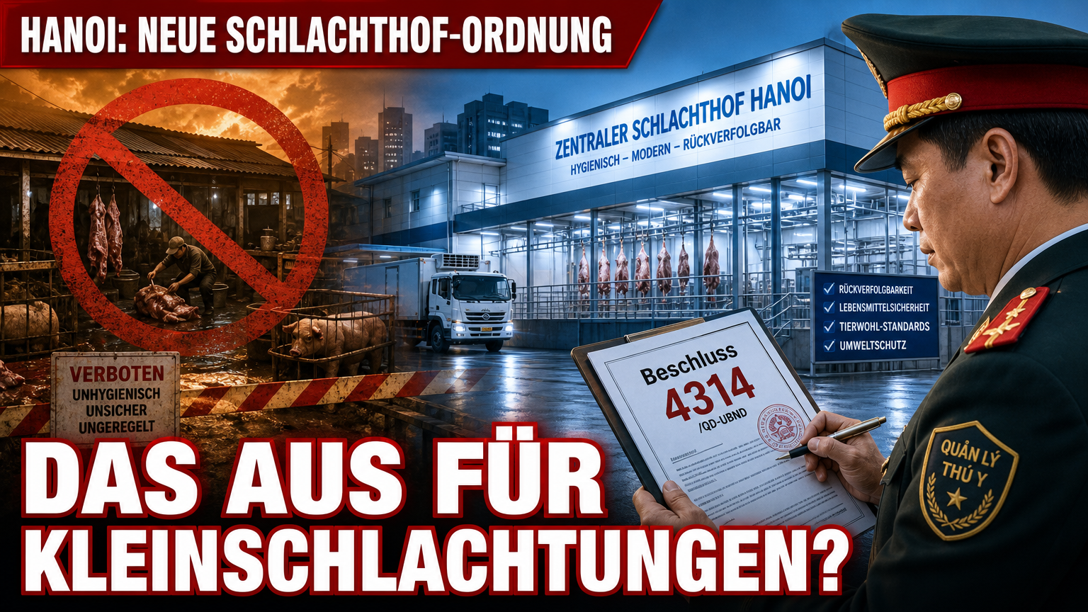 Ein Beamter prüft die Einhaltung der neuen Vorschriften für zentralisierte Schlachthöfe in Hanoi vor einer modernen Industrieanlage.