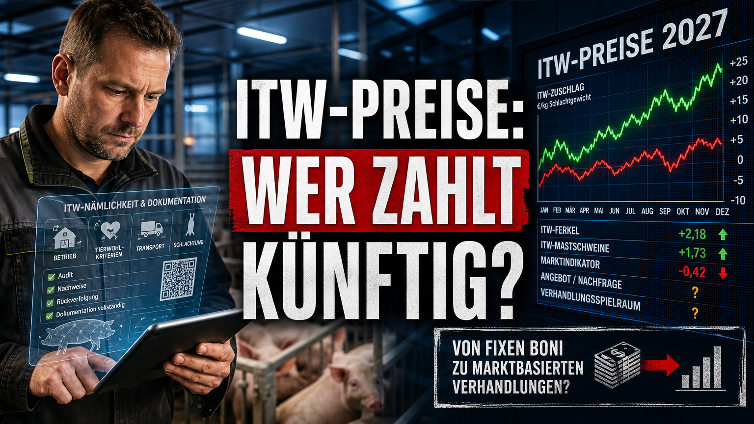 Ein Landwirt prüft digitale Daten zur Einführung der neuen VEZG Preisempfehlungen für ITW-Schweine im Stall.