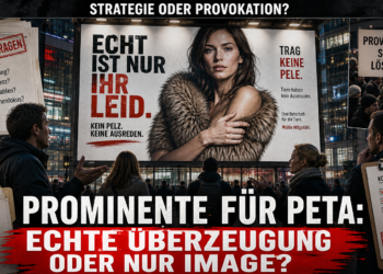 Prominente Unterstützung für PETA: Reichweite durch Kampagnen 12 Eine stilisierte Plakatwand in der Stadt zeigt eine provokante Anti-Pelz-Kampagne, die die prominente Unterstützung für PETA thematisiert.