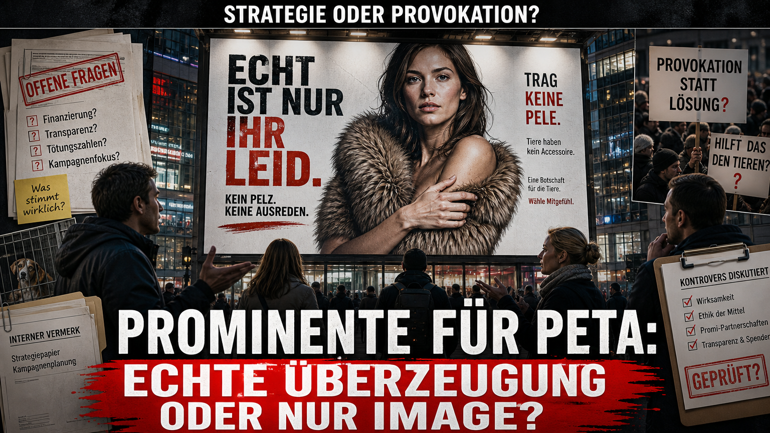 Prominente Unterstützung für PETA: Reichweite durch Kampagnen 1 Eine stilisierte Plakatwand in der Stadt zeigt eine provokante Anti-Pelz-Kampagne, die die prominente Unterstützung für PETA thematisiert.