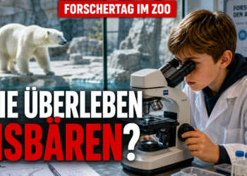 Ein Kind untersucht beim Forschertag im Zoo am Meer Bremerhaven ein Eisbärenhaar unter dem Mikroskop.