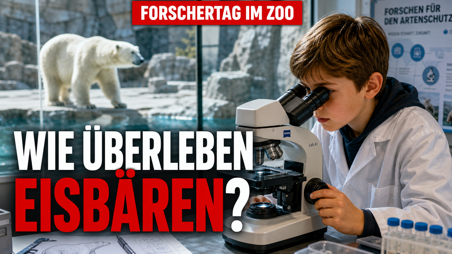 Ein Kind untersucht beim Forschertag im Zoo am Meer Bremerhaven ein Eisbärenhaar unter dem Mikroskop.