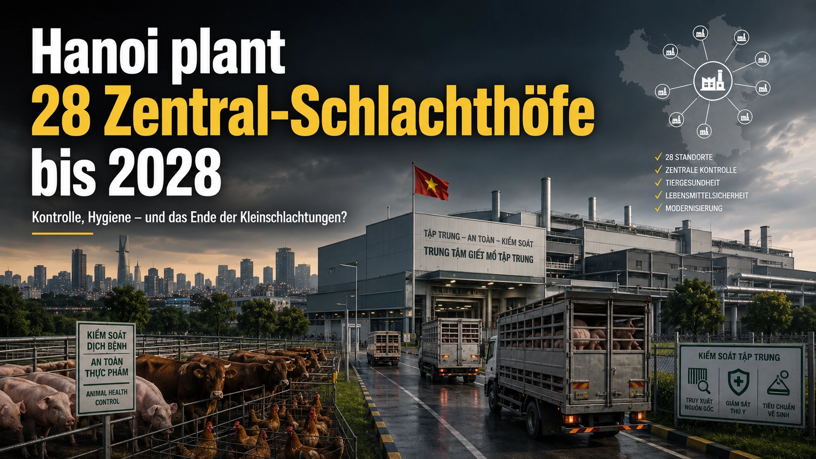 Schlachthöfe Hanoi: Geplantes Netzwerk mit 28 zentralen Schlachtanlagen für Nutztiere und Geflügel bis 2028.
