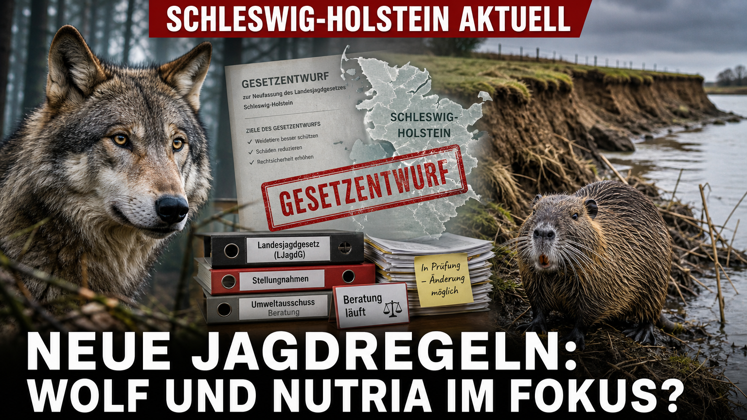 Symbolische Darstellung der Änderung des Landesjagdgesetzes in Schleswig-Holstein mit Wolf und Nutria im Fokus.