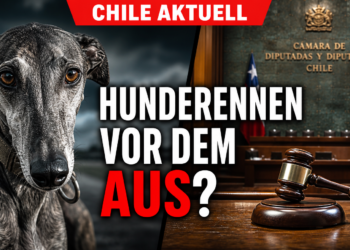 Ein Windhund blickt nachdenklich in die Kamera vor dem Hintergrund der chilenischen Abgeordnetenkammer, während über das Hunderennen-Verbot in Chile debattiert wird.