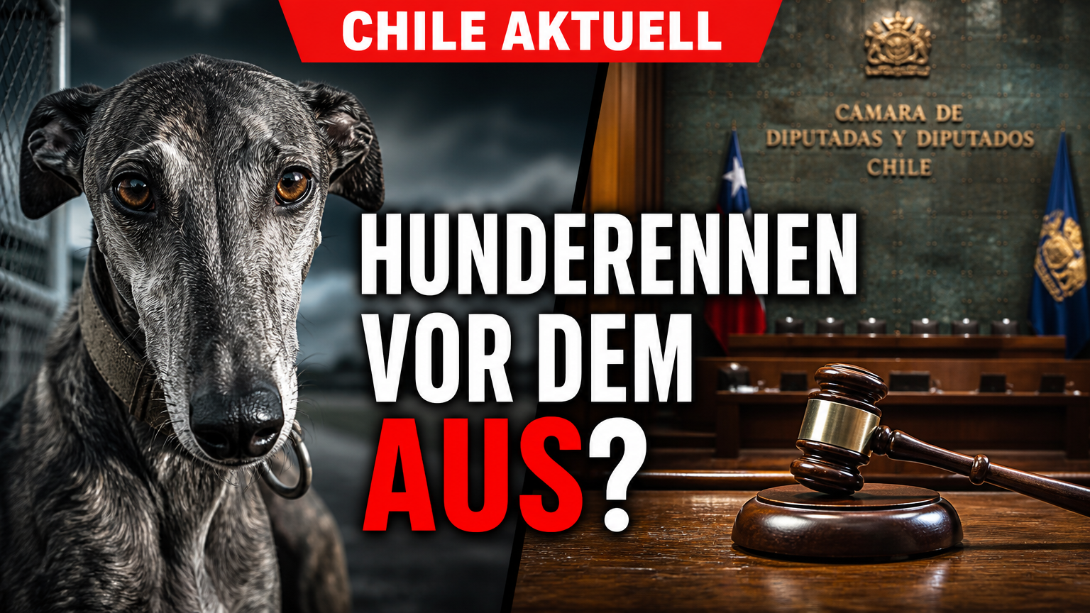 Hunderennen in Chile: Parlament billigt Verbot grundsätzlich – Gesetzesentwurf wird weiter beraten 1 Ein Windhund blickt nachdenklich in die Kamera vor dem Hintergrund der chilenischen Abgeordnetenkammer, während über das Hunderennen-Verbot in Chile debattiert wird.
