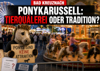 PETA plant Protest gegen Ponykarussell auf dem Jahrmarkt in Bad Kreuznach 12 Aktivist mit Protestschild beim PETA Protest Ponykarussell Bad Kreuznach vor der Kulisse des Jahrmarkts.
