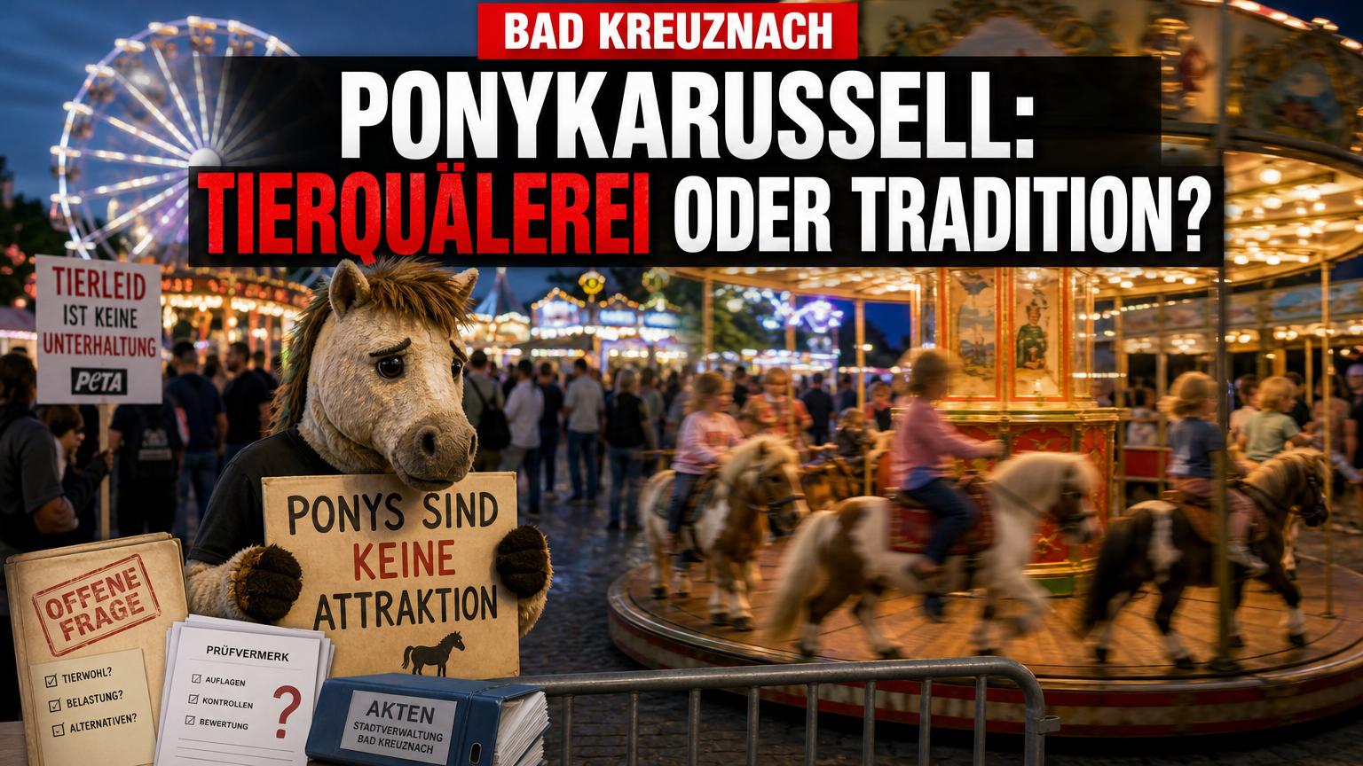 PETA plant Protest gegen Ponykarussell auf dem Jahrmarkt in Bad Kreuznach 1 Aktivist mit Protestschild beim PETA Protest Ponykarussell Bad Kreuznach vor der Kulisse des Jahrmarkts.