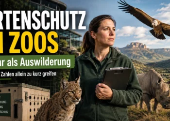 Artenschutz in Zoos: Warum Auswilderungszahlen allein zu kurz greifen 13 Artenschutz in Zoos: Tierpflegerin mit Luchs, Nashorn und Geier zwischen Zooanlage und natürlichem Lebensraum.