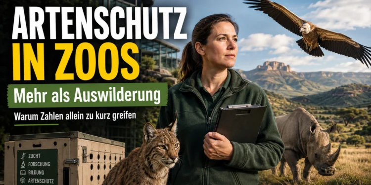 Artenschutz in Zoos: Tierpflegerin mit Luchs, Nashorn und Geier zwischen Zooanlage und natürlichem Lebensraum.