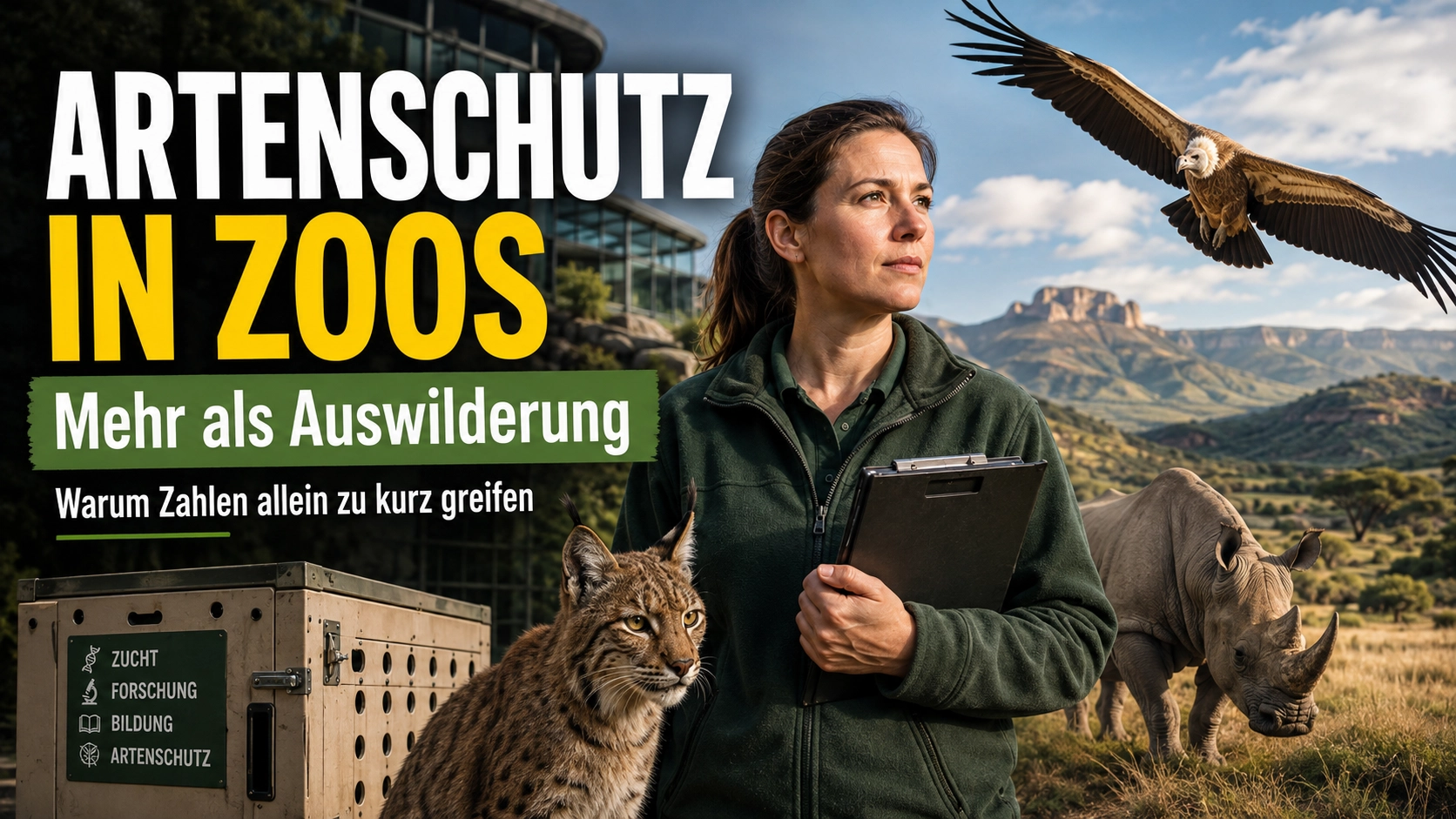 Artenschutz in Zoos: Tierpflegerin mit Luchs, Nashorn und Geier zwischen Zooanlage und natürlichem Lebensraum.