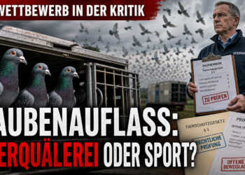 Ein Beamter des Veterinäramts prüft Unterlagen vor einer Transportkiste für Brieftauben im Kontext der Debatte um ein PETA Taubenwettflüge Verbot.