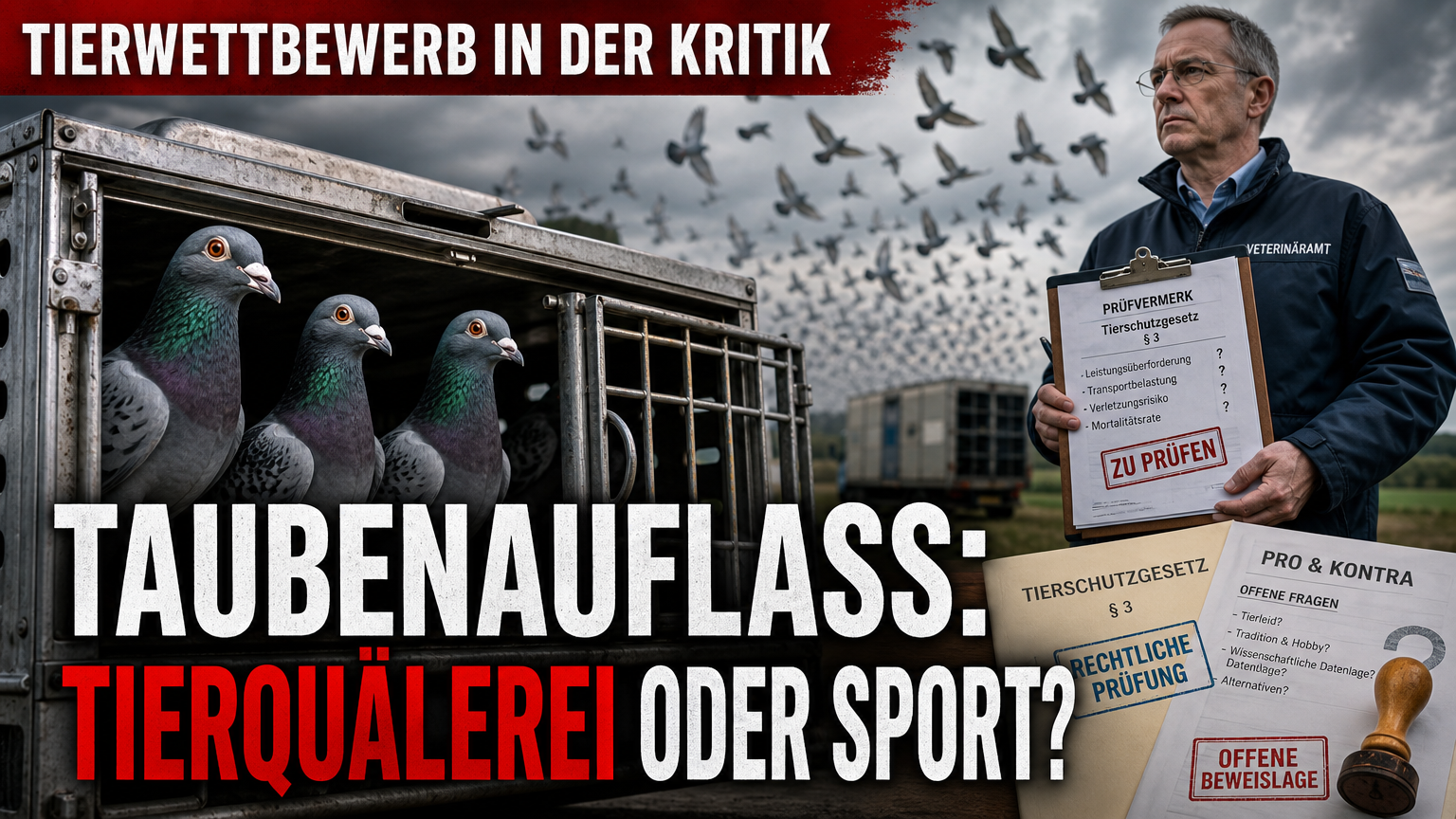 Ein Beamter des Veterinäramts prüft Unterlagen vor einer Transportkiste für Brieftauben im Kontext der Debatte um ein PETA Taubenwettflüge Verbot.