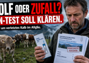 Ein besorgter Landwirt im Ostallgäu prüft Unterlagen zu einem möglichen Wolfsverdacht im Ostallgäu nach einem verletzten Kalb.