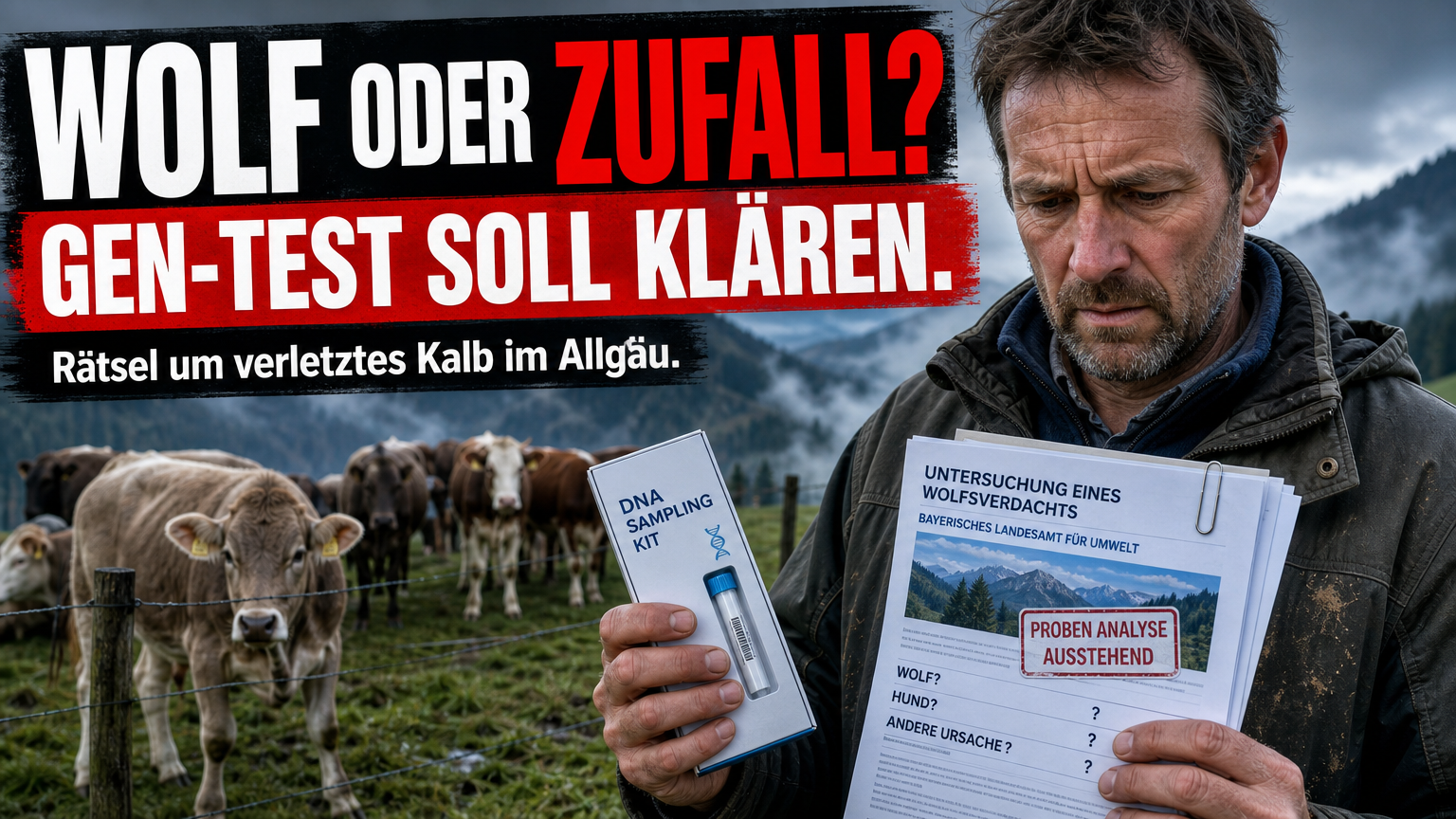Ein besorgter Landwirt im Ostallgäu prüft Unterlagen zu einem möglichen Wolfsverdacht im Ostallgäu nach einem verletzten Kalb.