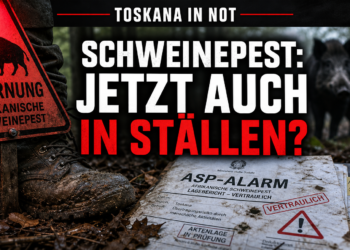 Ein verschmutzter Wanderstiefel und ein ASP-Alarm-Dokument im Wald als Symbol für die Afrikanische Schweinepest in der Toskana.