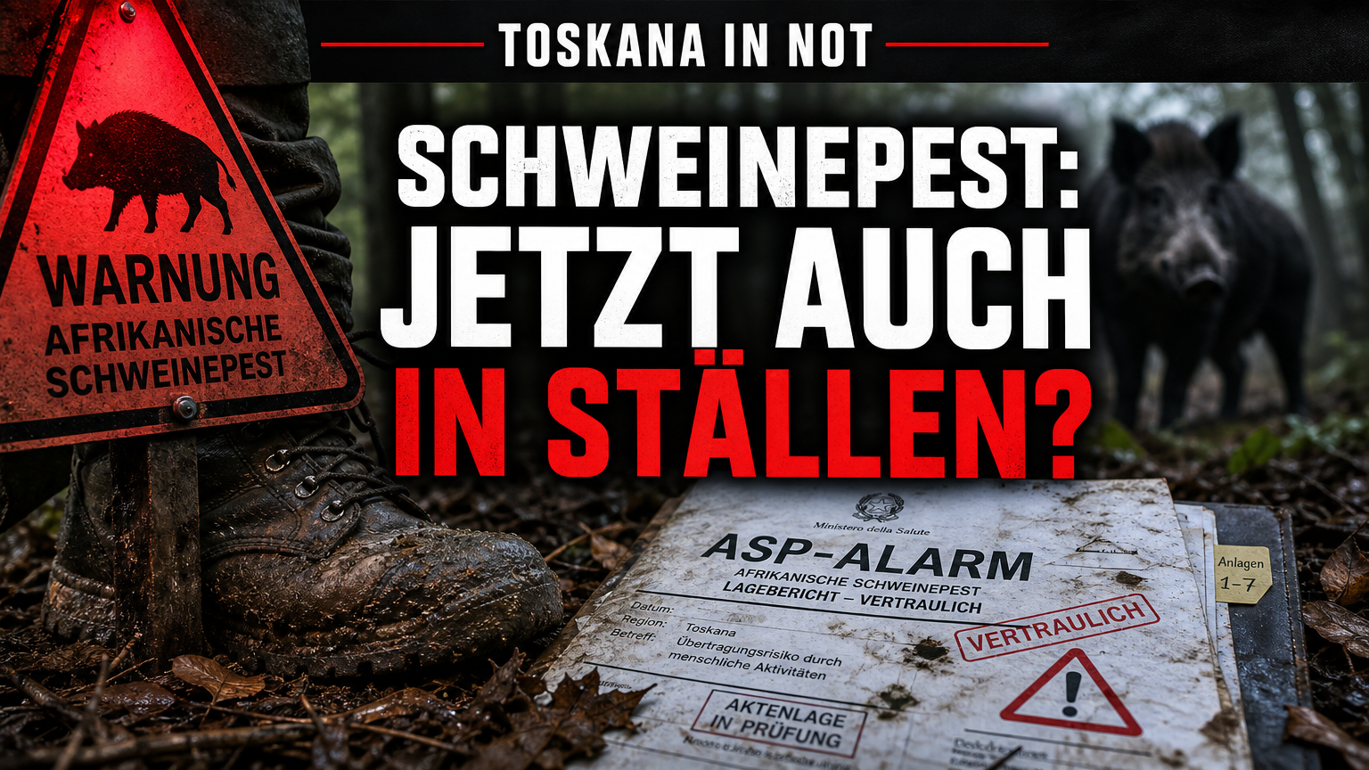 Ein verschmutzter Wanderstiefel und ein ASP-Alarm-Dokument im Wald als Symbol für die Afrikanische Schweinepest in der Toskana.