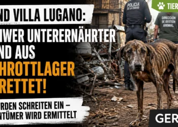 Hund Villa Lugano: Schwer unterernührter Hund steht auf einem Schrottplatz, während Einsatzkräfte im Hintergrund den Ort sichern.