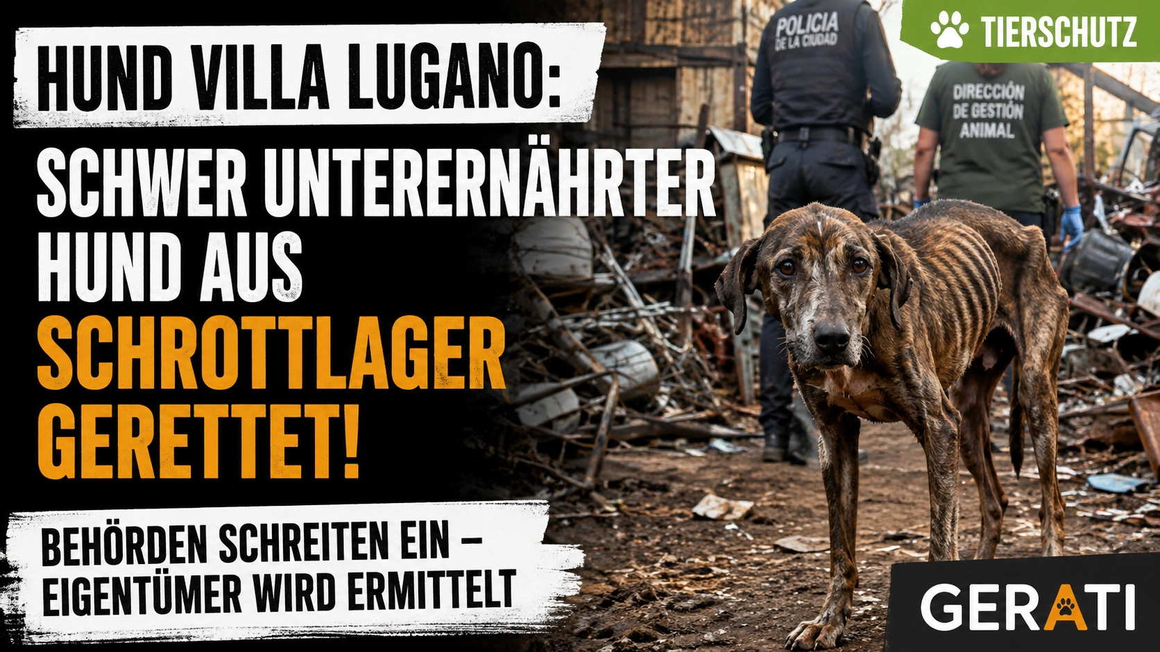 Hund Villa Lugano: Schwer unterernührter Hund steht auf einem Schrottplatz, während Einsatzkräfte im Hintergrund den Ort sichern.