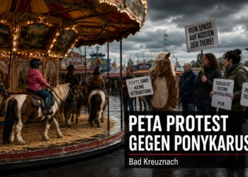 PETA Protest gegen Ponykarussell in Bad Kreuznach mit Ponykarussell und Demonstrierenden auf dem Jahrmarkt.