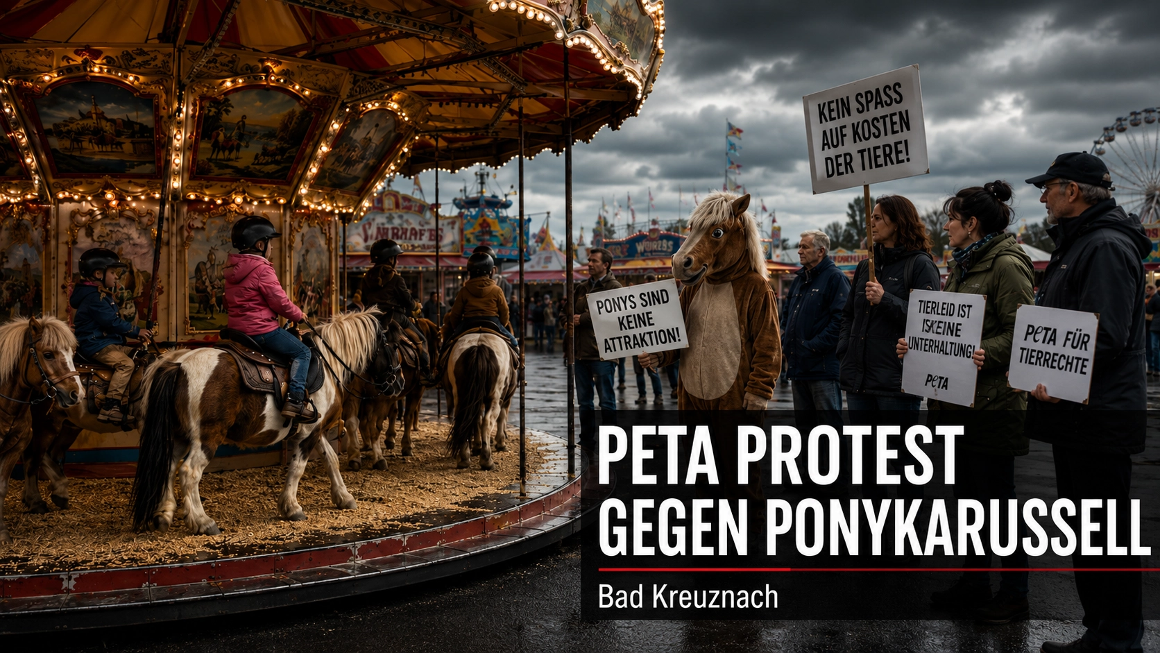 PETA Protest gegen Ponykarussell in Bad Kreuznach mit Ponykarussell und Demonstrierenden auf dem Jahrmarkt.