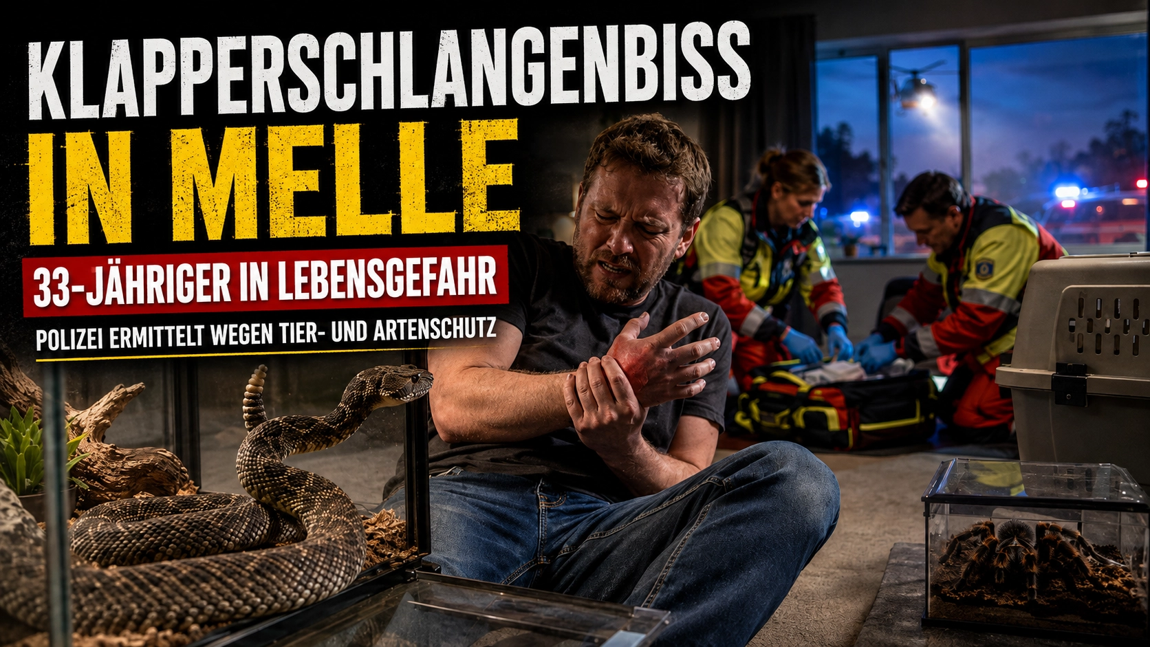 Klapperschlangenbiss in Melle: Verletzter Halter nach Schlangenbiss, während Rettungskräfte und Behörden im Einsatz sind.