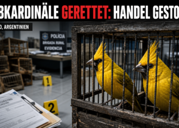 Río Negro: Polizei beschlagnahmt zwei Gelbkardinäle und Fangutensilien 13 Zwei Gelbkardinäle in einem beschlagnahmten Käfig nach der Beschlagnahmung von Gelbkardinälen in Río Negro.