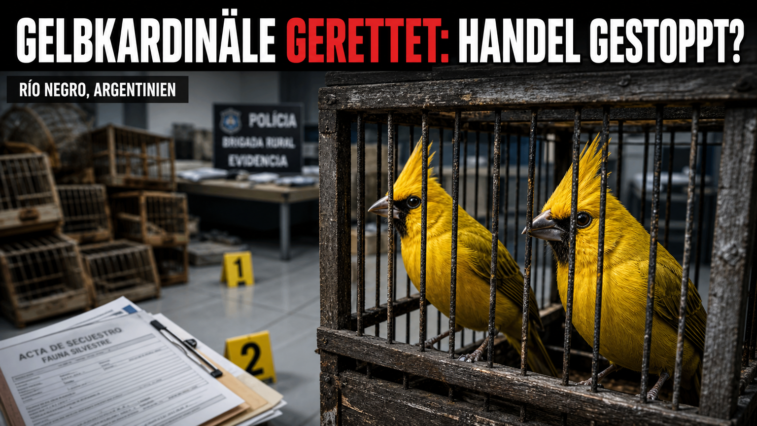Zwei Gelbkardinäle in einem beschlagnahmten Käfig nach der Beschlagnahmung von Gelbkardinälen in Río Negro.