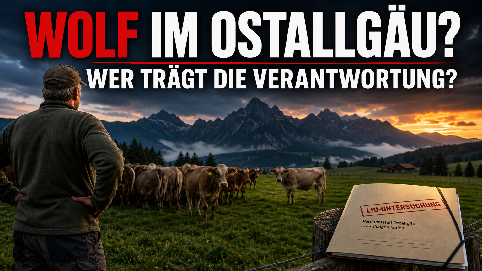 möglicher Wolfsangriff auf Kalb im Ostallgäu: Ein besorgter Landwirt blickt auf seine Weide, während ein möglicher Wolfsangriff auf ein Kalb im Ostallgäu durch das LfU untersucht wird.