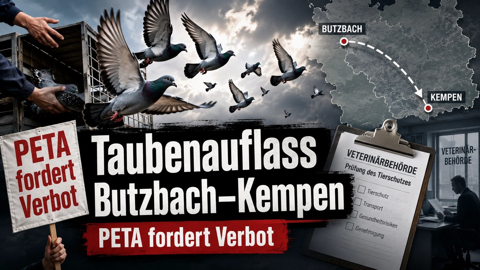 PETA fordert Verbot: Brieftauben starten beim geplanten Taubenauflass von Butzbach nach Kempen, während die Prüfung durch die Veterinärbehörde thematisiert wird.