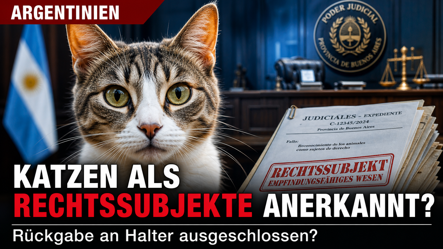 Eine gerettete Katze vor einem Gerichtshintergrund symbolisiert die juristische Anerkennung von 23 Katzen als Rechtssubjekte in Argentinien.