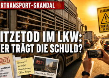 Tiertransporte bei Hitze: Warum Tierschützer ein Verbot ab 25 Grad fordern 15 Ein moderner Viehtransporter steht bei extremer Hitze im Stau, während ein Beobachter die Tiertransporte bei Hitze dokumentiert.