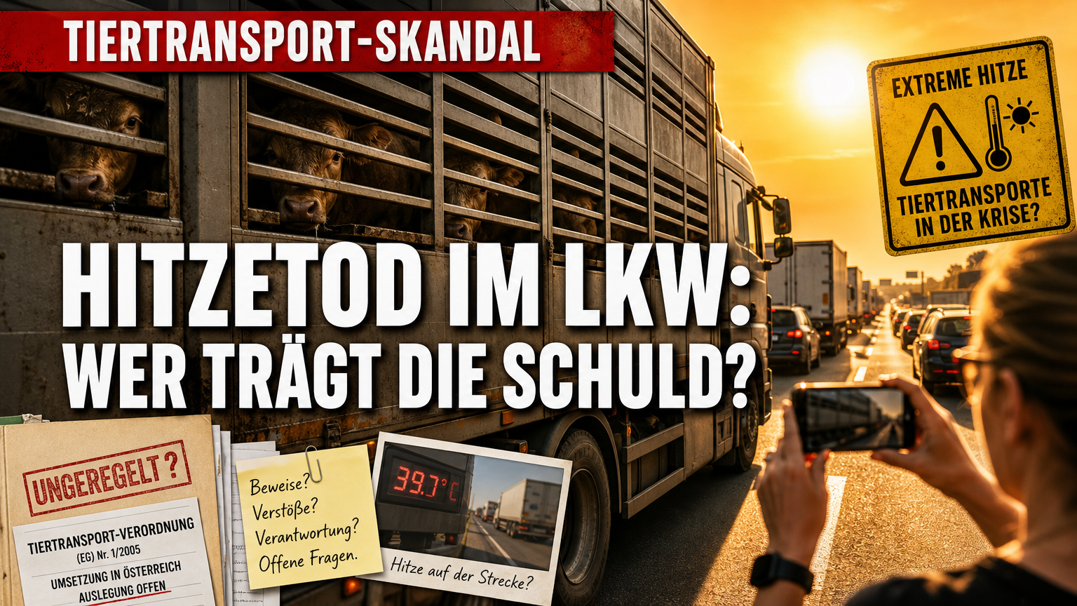 Ein moderner Viehtransporter steht bei extremer Hitze im Stau, während ein Beobachter die Tiertransporte bei Hitze dokumentiert.