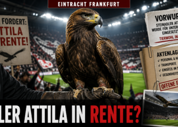 PETA fordert erneut Ruhestand für Eintracht-Adler Attila – Verein hält bislang an Stadiontradition fest 14 Steinadler Attila auf dem Arm seines Falkners im Stadion während PETA fordert Ruhestand für Adler Attila.