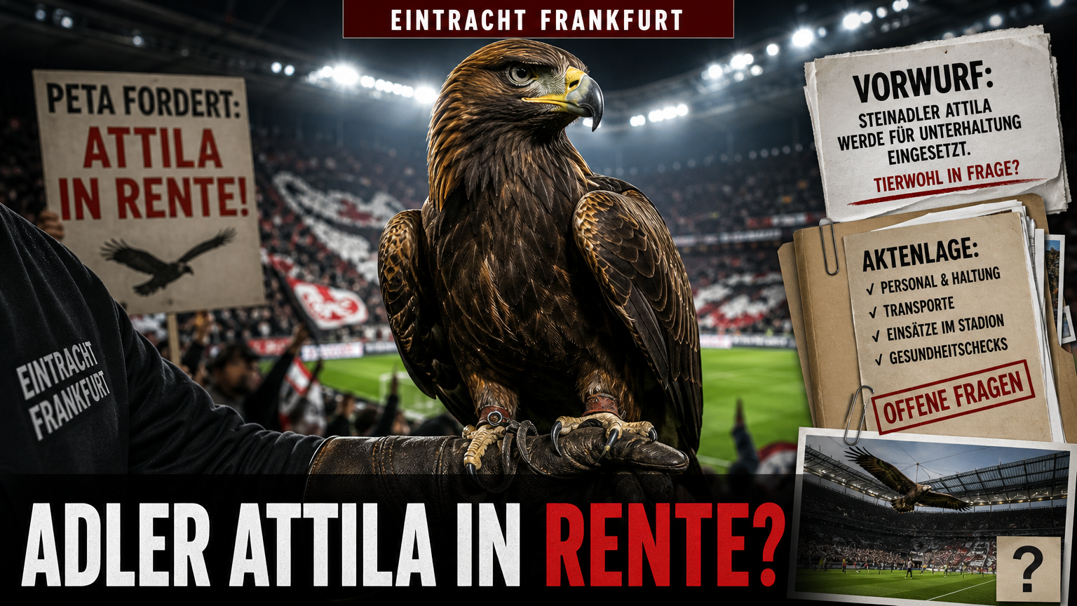 Steinadler Attila auf dem Arm seines Falkners im Stadion während PETA fordert Ruhestand für Adler Attila.