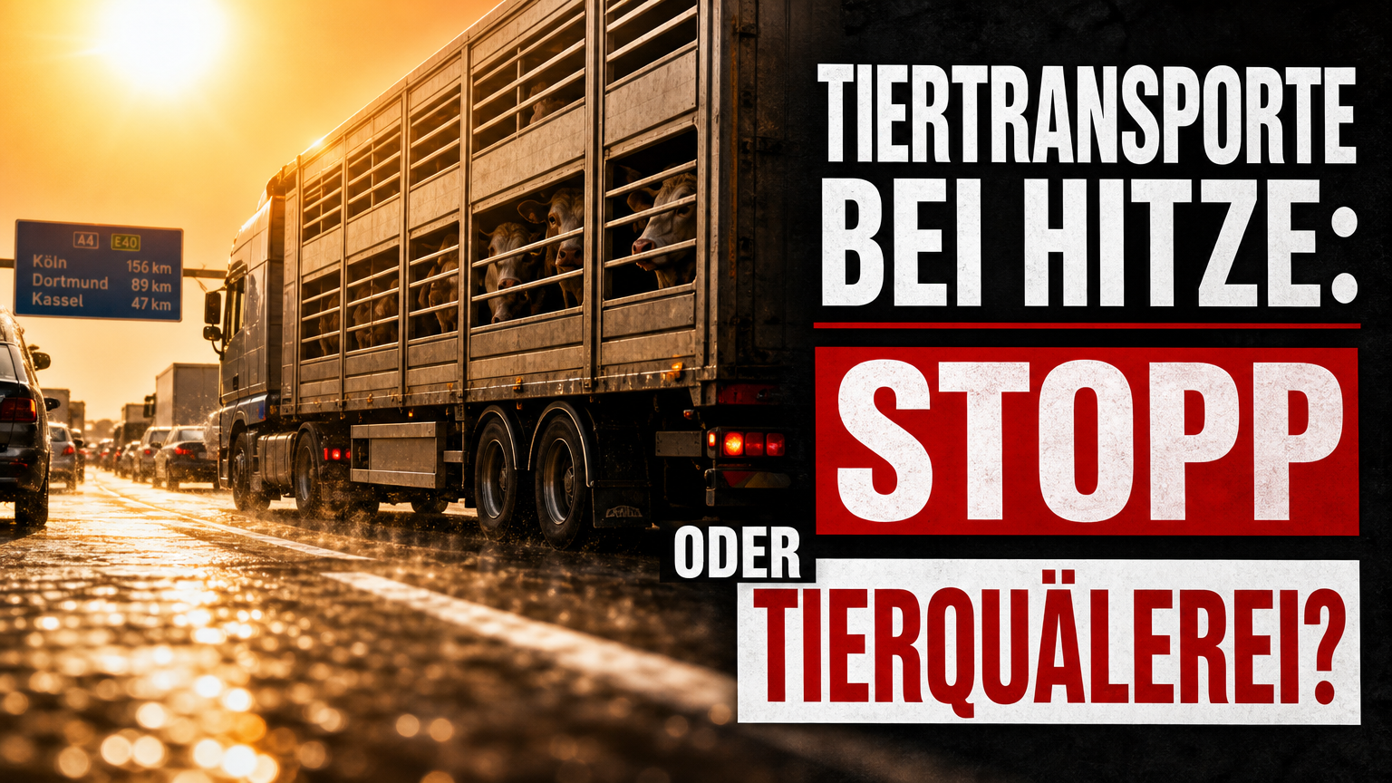Deutscher Tierschutzbund fordert bundesweiten Stopp von Tiertransporten bei Hitze 1 Ein Viehtransporter steht bei sommerlicher Hitze im Stau auf einer Autobahn, was die Debatte um ein Verbot von Lebendtiertransporten bei Hitze verdeutlicht.