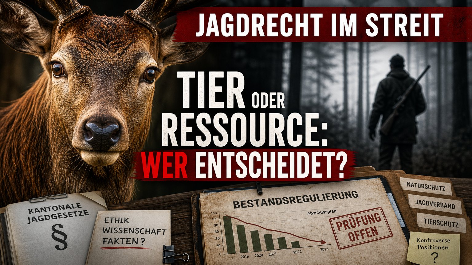 Ein Wildtier blickt in die Kamera, während im Hintergrund die Kritik an der Hobby-Jagd durch End of Speciesism thematisiert wird.