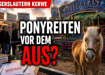 Ein Pony steht vor dem Reitpalast auf der Kaiserslauterer Kerwe, während im Hintergrund Aktivisten gegen das Verbot von Ponyreiten auf der Kaiserslauterer Kerwe demonstrieren.