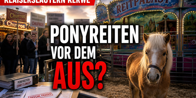 Ponyreiten auf der Kaiserslauterer Kerwe erneut unter Druck 11 Ein Pony steht vor dem Reitpalast auf der Kaiserslauterer Kerwe, während im Hintergrund Aktivisten gegen das Verbot von Ponyreiten auf der Kaiserslauterer Kerwe demonstrieren.