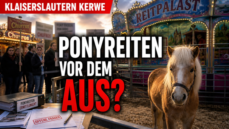 Ein Pony steht vor dem Reitpalast auf der Kaiserslauterer Kerwe, während im Hintergrund Aktivisten gegen das Verbot von Ponyreiten auf der Kaiserslauterer Kerwe demonstrieren.