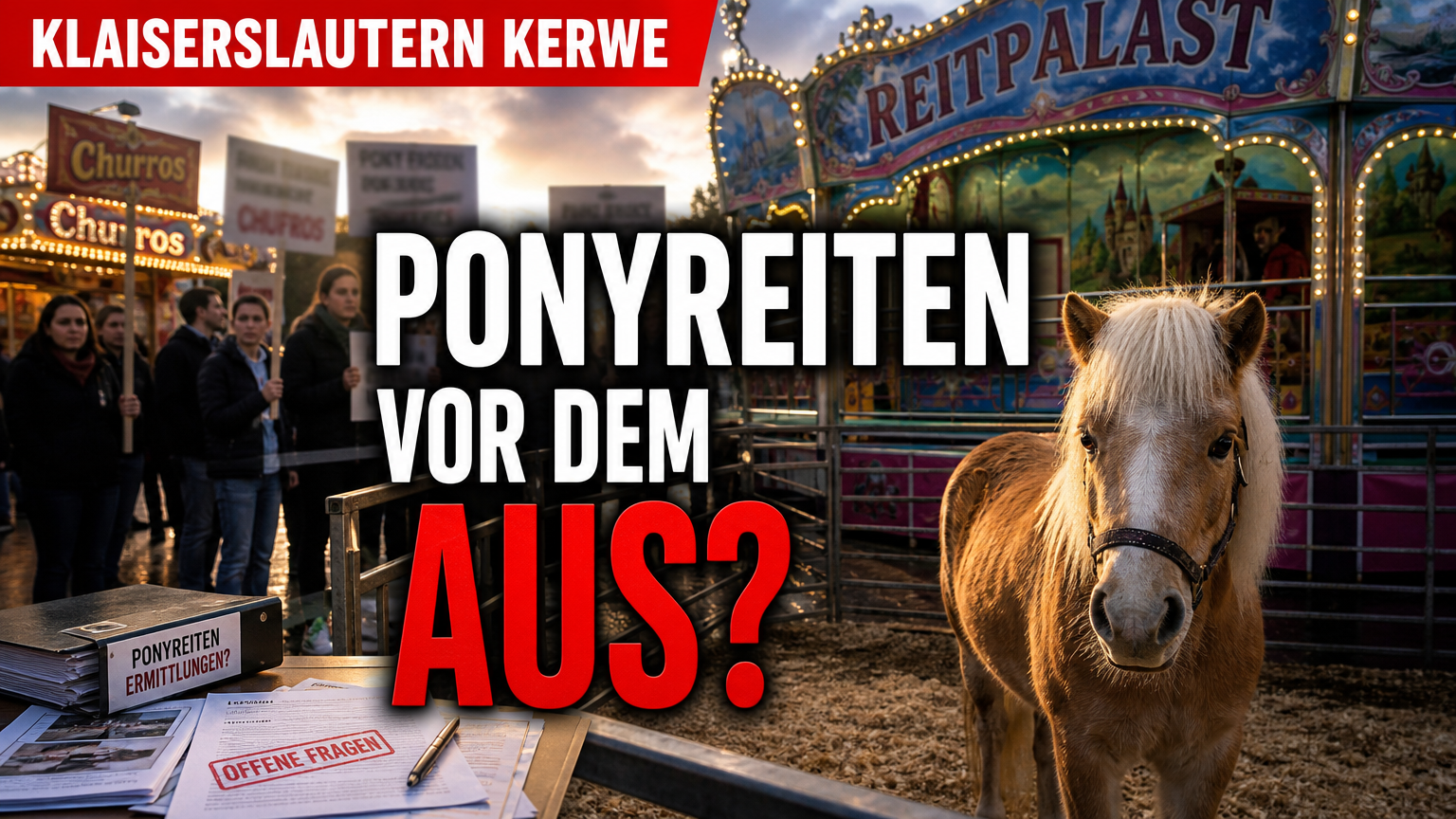 Ein Pony steht vor dem Reitpalast auf der Kaiserslauterer Kerwe, während im Hintergrund Aktivisten gegen das Verbot von Ponyreiten auf der Kaiserslauterer Kerwe demonstrieren.