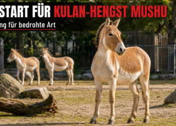 Der Kulan-Hengst Mushu im Zoo Rostock erkundet aufmerksam seine neue Außenanlage im Rahmen des Erhaltungszuchtprogramms.