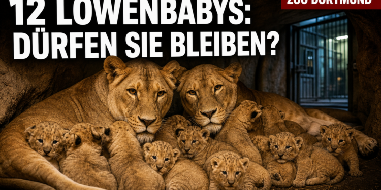 Zwei Löwinnen mit ihren zwölf Löwenbabys im Zoo Dortmund in einer geschützten Wurfbox.