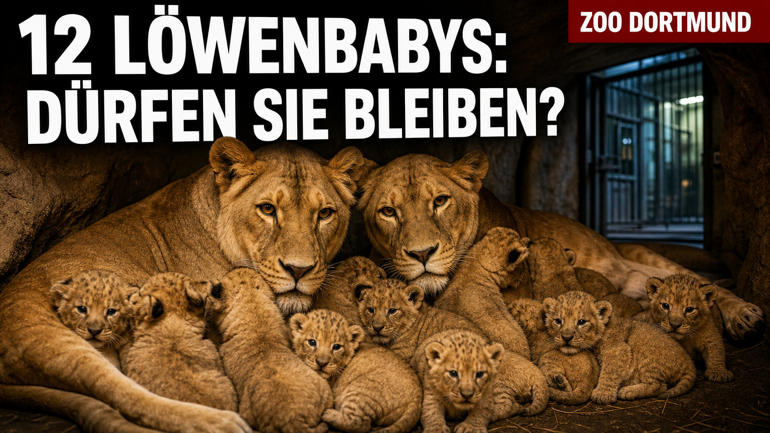 Zwei Löwinnen mit ihren zwölf Löwenbabys im Zoo Dortmund in einer geschützten Wurfbox.