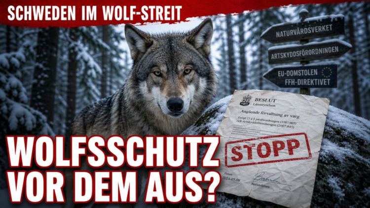 Wolfsjagd in Schweden vorerst gestoppt – Referenzwert steigt auf 220 Wölfe 32 Ein majestätischer Wolf im verschneiten schwedischen Wald neben einem offiziellen Dokument, das den rechtlichen Wolfsjagd Schweden Referenzwert thematisiert.