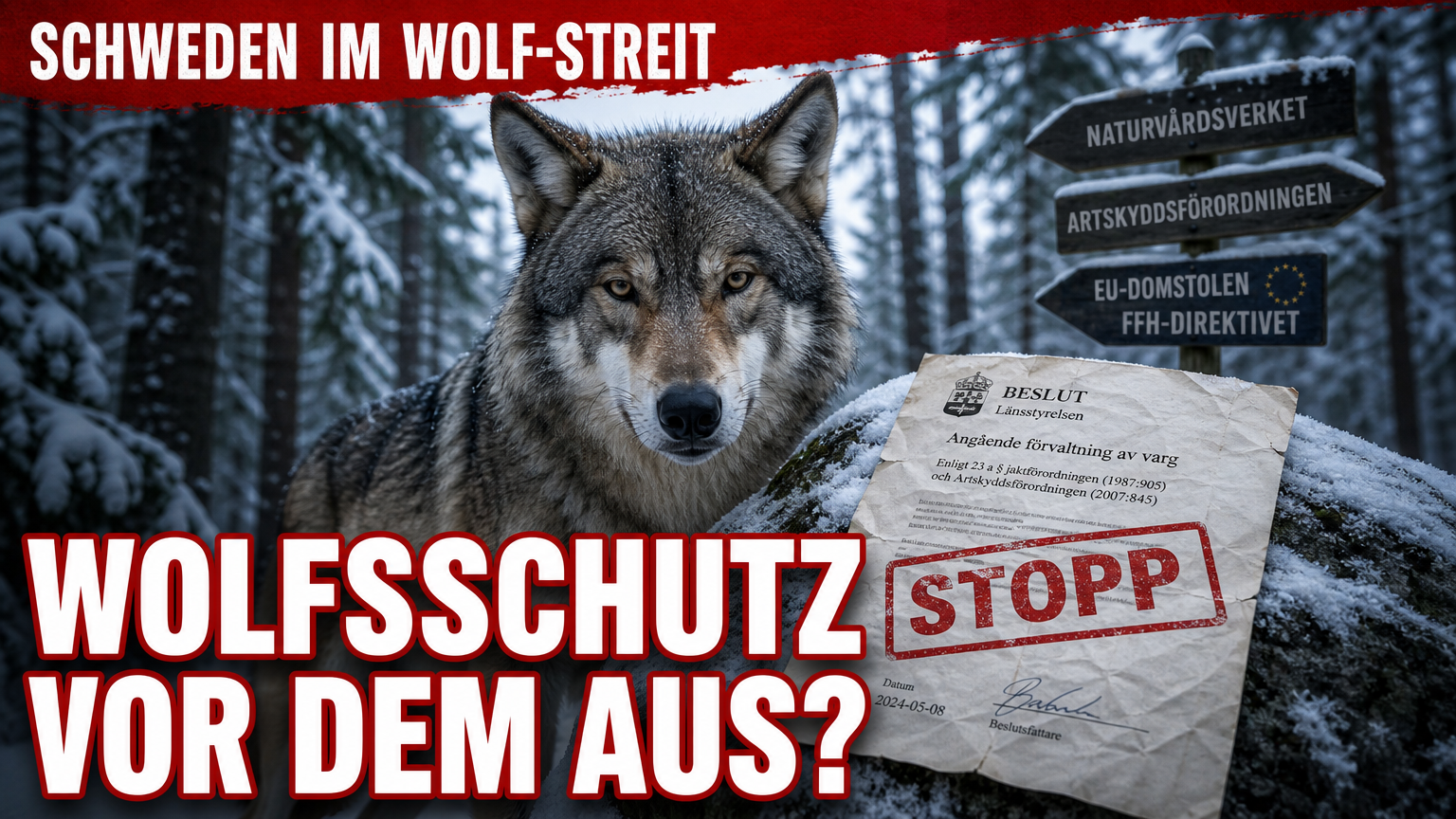 Ein majestätischer Wolf im verschneiten schwedischen Wald neben einem offiziellen Dokument, das den rechtlichen Wolfsjagd Schweden Referenzwert thematisiert.