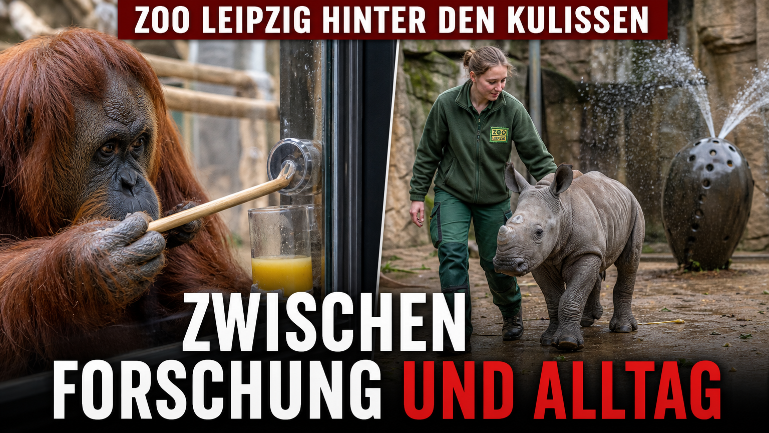 Zoo Leipzig zeigt Verhaltensforschung und Tierpflege im Alltag 1 Orang-Utan Dokana bei der Zoo Leipzig Verhaltensforschung und Tierpflege im direkten Vergleich mit einem Nashorn-Baby.