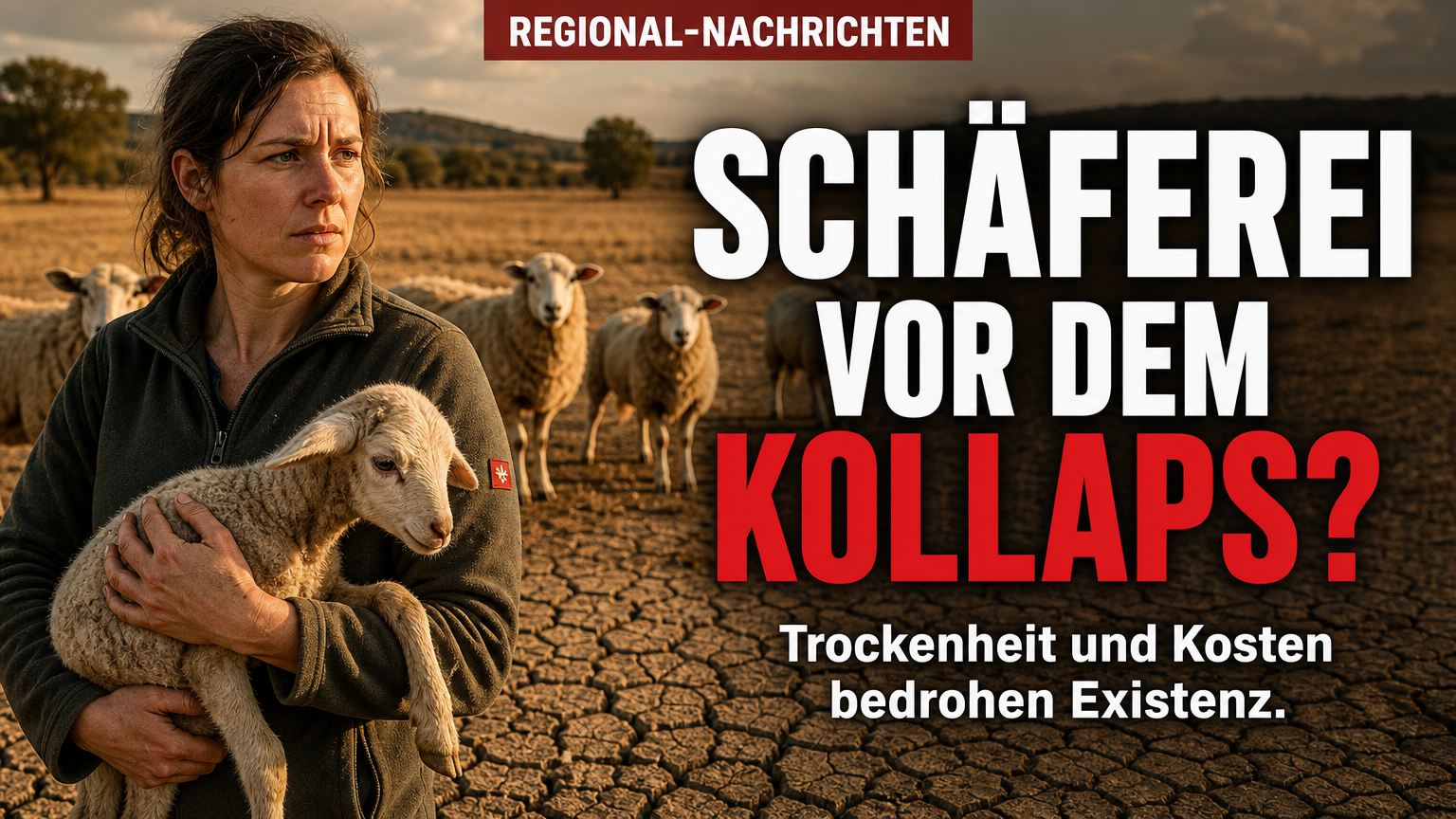 Trockenheit Schäferei Sexau: Franziska Rehm mit einem Lamm auf einer von Trockenheit gezeichneten Weide in der Schäferei Sexau.