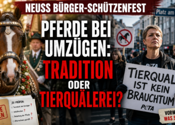 PETA Protest Neusser Bürger-Schützenfest: Demo gegen Pferde angekündigt 14 Ein PETA-Protest gegen Pferde beim Neusser Schützenfest mit einem Aktivisten und einem Pferd im Hintergrund.